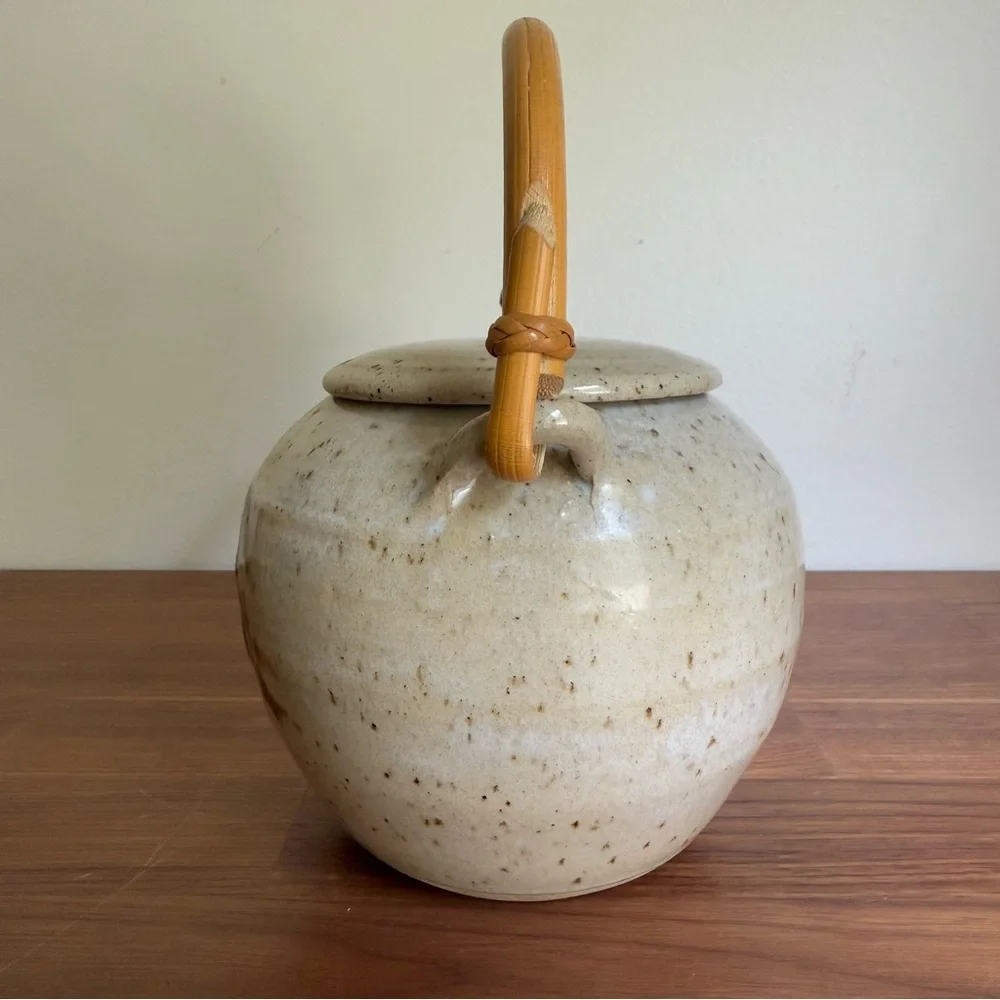 Vintage Japanese Hand Crafted Pottery Teapot w/Bamboo Handle, Signed